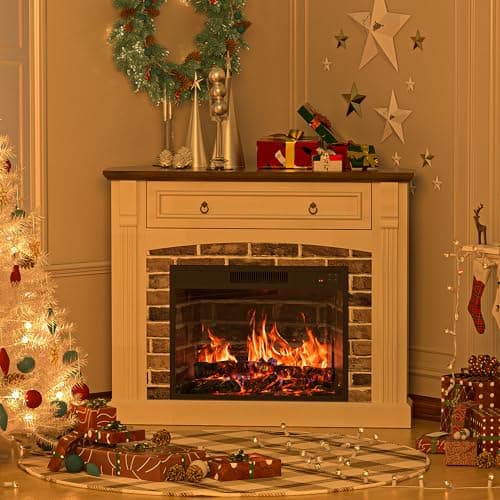 OUTGUAVA Electric Fireplace with Mantel, Corner Fireplace TV Stand, Entertainment Center with Hidden Drawer, Electric Fireplace Heater with Realistic Stacked Stone Surround for Living Room (White) 8