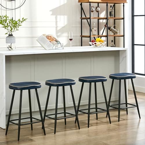 FIRAVOE Bar Stools Set of 2, Modern 24" Counter Height Bar Stools, Faux Leather Backless Saddle Stools for Kitchen Island (Navy Blue, 2 PCS 24'' Height) 9