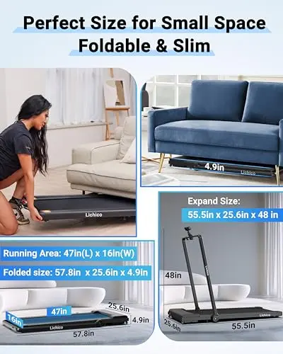 LICHICO Walking Pad Under Desk, 2 in 1 Portable Folding Treadmill, 3.0HP Brushless Motorized Electric Treadmill, Larger Running Area, Small Mini Running Machine for Home 6