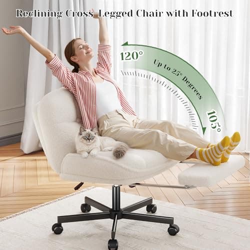 DurayLoly Cross Legged Office Chair with Foot Rest, 6.3" Thick Cushioned Criss Cross Chair with Wheels, Height Adjustable Swivel Vanity Chair for All-Day Comfort (White) 5