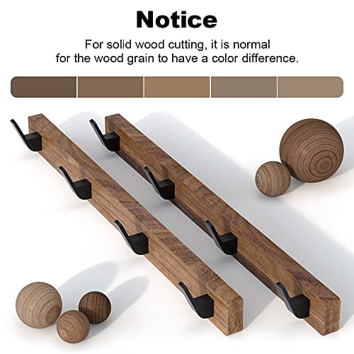 IURRDOP 17 Inch Walnut Wood Wall Mounted Coat Rack with 4 Black Hooks, Adhesive Mounted Entryway Hooks, Modern Natural Wooden Pegs for Hanging Coat Clothes Hat Bag Purse Key and Towel 6