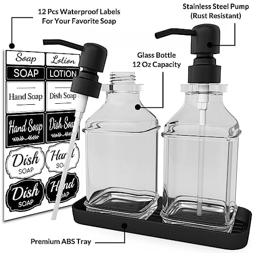 LMQML Soap Dispenser - 2 Pack, Antique Design Thick Glass Hand Soap Dispensers with Sturdy Tray; 304 Rust Proof Stainless Steel Black Pump, 12Pcs Stickers, for Kitchen, Bathroom 2