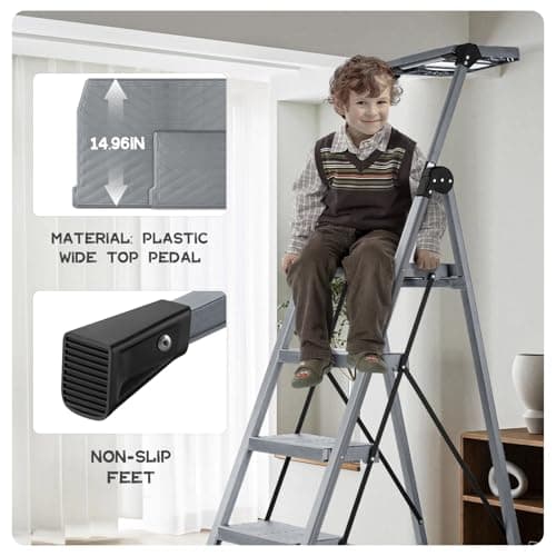 XinSunho 4 Step Ladder, Foldable Step Stool Ladder with Handrails & Tray, 660 lbs Heavy Duty Wide Pedals, Sturdy Steel Folding Ladder for Kitchen, Home, and Household Use(Silver, 4 Step) 5