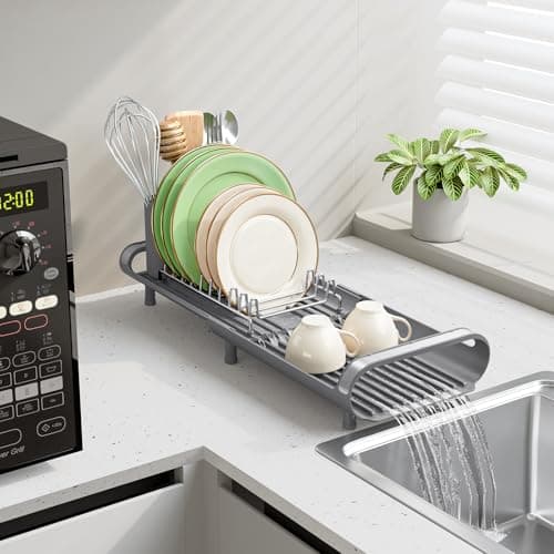 TOOLF Small Dish Drying Rack, Mini Expandable Compact Dish Rack, Slim Extendable Stainless Steel Dish Drainer for Kitchen Plate Storage, Space Saving Dish Strainer in Sink or on Home Countertop, Gray 7