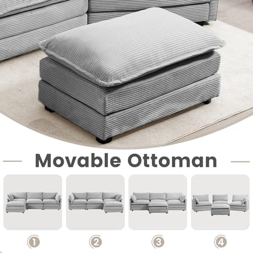 ROWHY Oversized Modular Sectional Sofa with Movable Ottoman, 112 Inch 4 Seat Modern Corduroy Sofa Set, Convertible L Shaped Couch for Living Room and Office, Light Grey 7