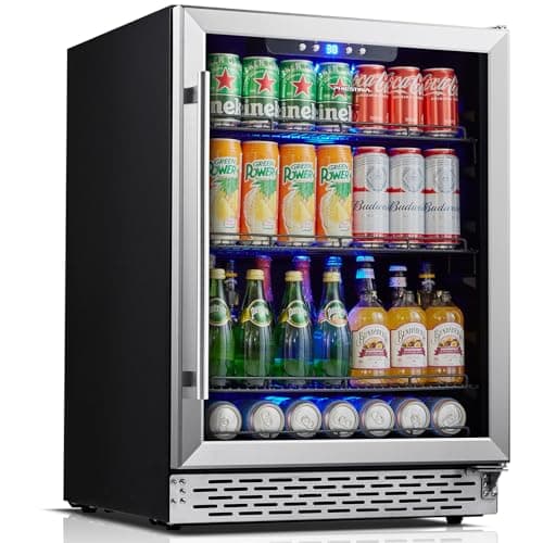 Phiestina Beverage Refrigerator 175 Cans Under Counter Beer Cooler 24 inch Quiet Built-in or Freestanding Beverage Fridge Glass Door Auto Defrost 5 Removable Shelves for Home Bar Office