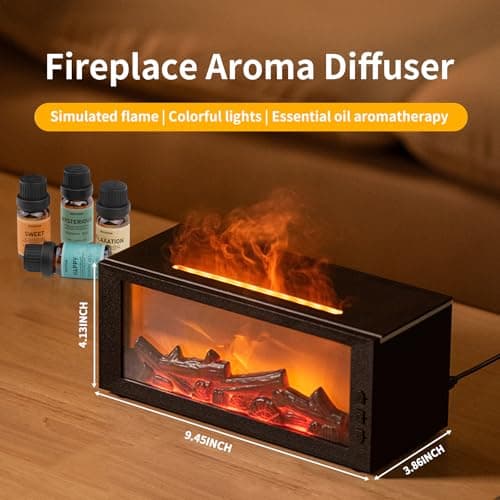 BOHOFAM Fireplace Essential Oil Aroma Diffuser,Flame Air Humidifiers 300ML,14-Hour Runtime,Colorful Flame Diffusers for Home,Included 4 * 10ML Hotel Collection Diffuser Oils for Bedroom(Black) 7