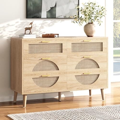 LARMACE 6 Drawer Dresser for Bedroom Modern Boho Rattan Dresser Wood Chest of Drawers with Gold Handles&Wood Legs,Clothes Storage Cabinet,Beside Table for Bedroom,Hallway and Living Room,Natural