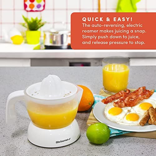 Elite Gourmet ETS-411 BPA-Free 30-Watt Electric Citrus Juicer Extractor: Compact Large Volume Pulp Control Oranges, Lemons, Limes, Grapefruits with Easy Pour Spout, 16 oz, White 4