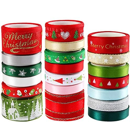 SANNIX 20 Pieces 3 Size Christmas Ribbons for Craft Holiday Printed Grosgrain Organza Satin Ribbons Metallic Glitter Fabric Ribbons Bulk Gift Wrapping Bow(20x2yd)