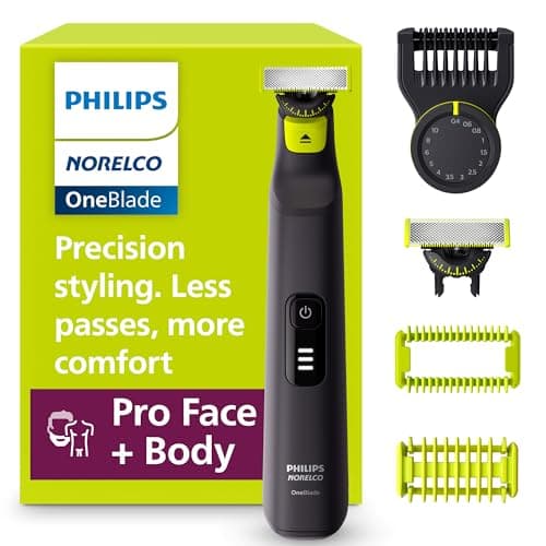 Philips Norelco OneBlade Pro 360 Face + Body Electric Shaver, Beard Trimmer and Groomer, with 360 Blade Technology, 14-Length Precision Comb, Body Kit, Soft Pouch, Model QP6542/70