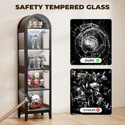 BROTTAR 71" Tall Arched Display Cabinet with Glass Doors, Curio Cabinet with LED Lights for Collectibles, Books, 5-Tier Showcase Glass Display Case with Human Body Sensor for Living Room, Black 5