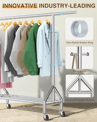 Upgraded 100% Stainless Steel Clothing Rack Load 760LBS, Heavy Duty Clothes Racks with Larger & Sturdy Wheel, Extendable & Adjustable Rolling Garment with Shelves for Hanging Portable Closet Rack 5