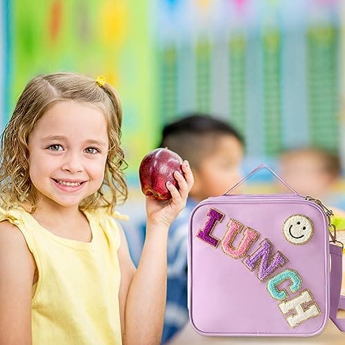 Insulated Lunch Bag With Adjustable Shoulder Strap, Nylon Preppy Lunch Box Large Insulated Lunch Bag Reusable Lunch Tote Bag with Smiley Preppy LunchBag for Girls School Travel Picnic (Purple) 2