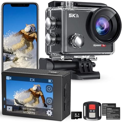 Action Camera 5K30FPS, Waterproof Camera Underwater 131FT with EIS, WiFi App, Remote Control, 64GB Card, 2x1350 mAh Batteries, 170° Wide Angle, Sports Helmet Bike Video Camera