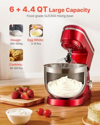 VEVOR Stand Mixer, 6 QT Electric Kitchen Mixer, 300W Dough-Mixer, 10 Speeds Tilt-head Food-Mixer with Stainless Steel Bowl, Dough Hook, Whisk, Beater, for Baking, Mixing, Whipping & Kneading, Red 5