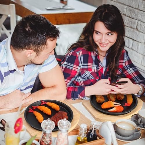 Mimorou 2 Set 8.7 Inch Cast Iron Fajita Plate Set with Wooden Base Anti Scald Protection Removable Handle Fajita Plate Sizzling Pan Cast Iron Skillets Sets for Home Restaurant Kitchen BBQ Cooking 6