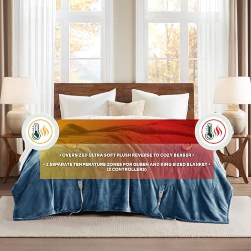 Woolrich Heated Plush to Berber Electric Blanket Throw Ultra Soft Knitted, Super Warm and Snuggly Cozy with Auto Shut Off and Multi Heat Level Setting Controllers, Full: 80x84, Sapphire 9
