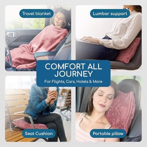 Resty 65"x40" Traveling Airplane Blanket, Pink – Lightweight, Velvety Soft Blanket That Becomes a Travel Pillow – Must-Have Comfort for Planes & Road Trips – Travel Essentials for Women & Men 5