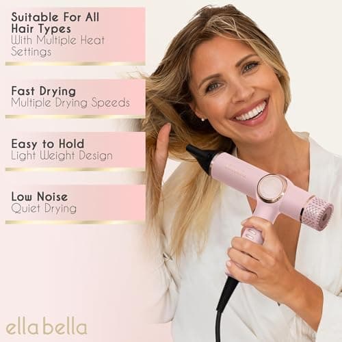 ELLA BELLA® Professional Ionic Hair Dryer with Diffuser • Negative Ion Blow Dryer • Suitable All Hair Types • Intelligent Heat Control & Rapid Drying Speeds • Lightweight Design • Low Noise Technology 6