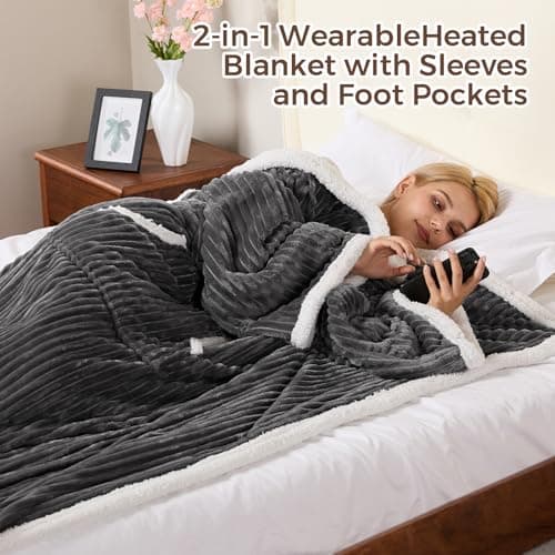 Electric Blanket Heated Throw, Soft Flannel & Sherpa Wearable Heated Blanket with Sleeves, Heating Wearable Blanket with 6 Heating & 12H Auto Off, ETL Certified, Home Office Use, 52x72 Inch, Dark Grey 6
