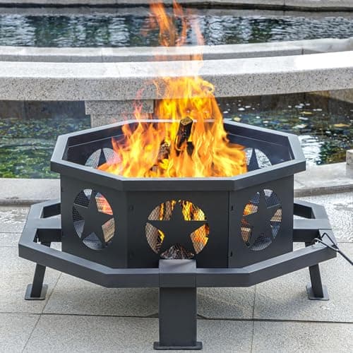 Panovue 35 inch Fire Pit for Outside, Heavy Duty Wood Burning Fire Pits with Fire Poker, Outdoor Octagonal Firepit for Camping, Yard, Patio
