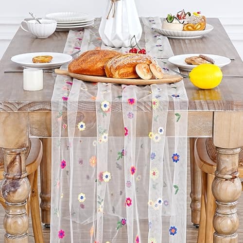 Champagne Embroidery Daisy Table Runner Tulle Floral Table Runners 10FT 1PC Sheer Flower Fabric for Wedding Party Kitchen Dining Table Decor