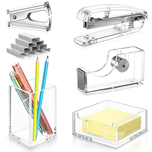 6 Pieces Clear Office Desk Accessories for Student Back to School Office Supplies Include Acrylic Tape Dispenser, Notepad Holder, Stapler, Pen Holder, Staple Remover for Student Teacher
