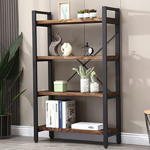 WH-AOERPUMY Solid Wood Bookshelf,4 Tier Rustic Vintage Industrial Etagere Bookcase, Open Metal and Wood Vintage Book Shelf, Retro Brown (RealWood)(4-Tier)