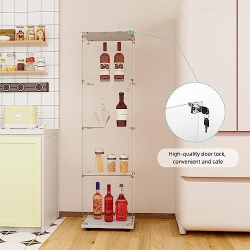 FLYMUHJIA Curio Cabinet Glass Display Case for Collectibles with 4-Shelf Display Shelves, 64.2'Hx16.9''Lx14.6''W White 8