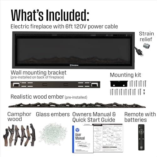 Westinghouse 60 Inch Electric Fireplace Heater, Compatible with Alexa & Google Home, Wall Mount or in-Wall Recessed Fireplace Insert, 24 Hour Timer, Color Changing Flames, 750W/1500W Indoor Heater 8