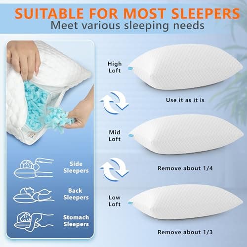 UYWO Cooling Pillows Queen Size Set of 2, Memory Foam Pillows with Zipper, Firm Bed Pillows Adjustable for Hot Side Back Stomach Sleepers 6