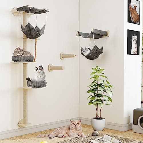 YITAHOME Tall Cat Tree Wall Mounted with Hammock, Cat Wall Shelves Furniture 5 Tiers Floating Climb for Indoor Cats, Wooden Cat Tower with Tall Scratching Posts Mat Removable Cushion, 78 inch