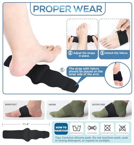HGBOO Arch Support Brace (2 Pack) – Adjustable, Non-Slip Arch Wraps with Soft Elastic Silicone Pads for Foot Care, Flat & Fallen Arches, High Arch, Plantar Fasciitis Relief – Fits All Shoes (Black) 6
