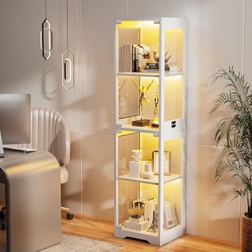 BROTTAR Glass Display Cabinet, 4-Tier Curio Cabinets with 3 Color Lights for Collectibles, Storage Cabinet with Door, Glass Display Case & Bookcase with Human Body Sensor, White 8