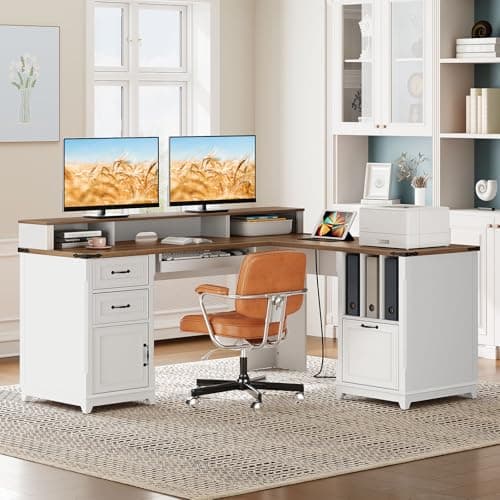 RALGEND Farmhouse 69" Executive L Shaped Desk with Drawer, Home Office Desk with Charging Station, Corner Computer Desk with Monitor Stand, File Drawer, Storage Cabinet, White and Walnut