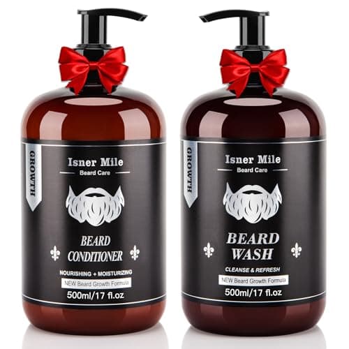 ISNER MILE Beard Wash and Conditioner Set 17 oz New Formula with Biotin Argan & Jojoba Oils Smooth Soften Strengthen Shampoo with Oil Gifts for Men