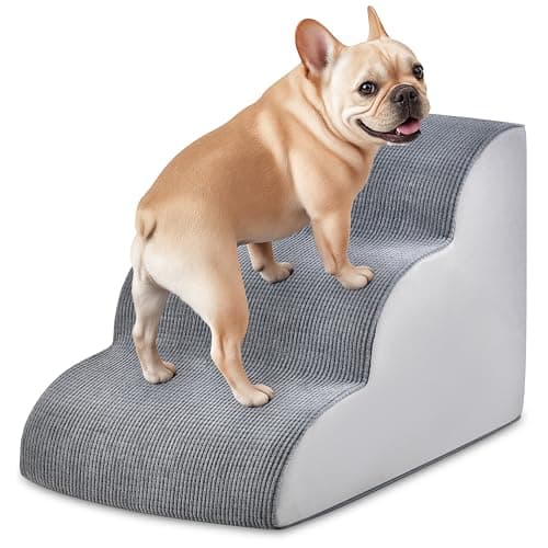 Dog Stairs for Small Dogs 15.7" H, 3-Step Pet Stairs with High-Density Foam, Curved Ramp Design for Puppies, Medium Pets and Older Cats, Dog Steps for Bed, Couch or Sofa, 15.7 × 22.4 × 15.7 Inch, Gray