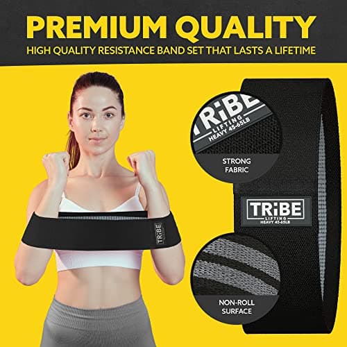 Tribe Lifting Resistance Bands for Working Out - 3 Pack Fabric Workout Bands for Women and Men - Booty Bands for Legs and Glute - Non Slip Exercise Bands Set for Squat Hip Thigh (Gray) 6