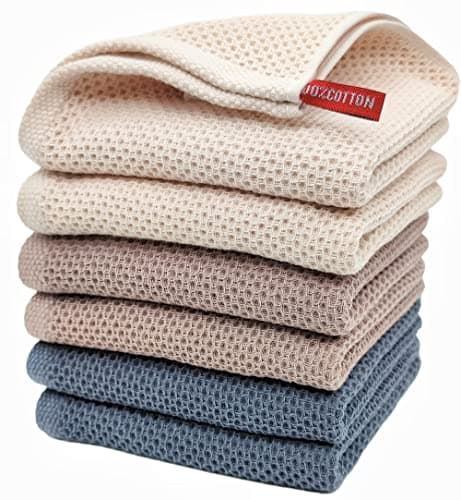 ANEWAY Kitchen Hand Towels 100% Cotton Waffle Weave Dish Towel for Cleaning Drying - Extra Absorbent and Soft - 13 x 28 inch (Beige+Dark Grey+Brown-6 Pack)