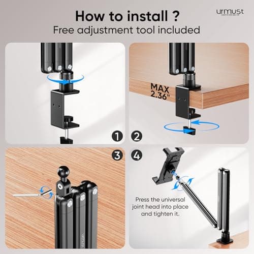 Urmust Portable Monitor Stand 15.6", iPad Stand for Desk, Portable Monitor Holder up to 18.5" Holds, Adjustable Desktop Tablet Arm Mount, Apple iPad Holder for Desk, for 4.7"-12.9" i Pad Pro/Air/Mini 9