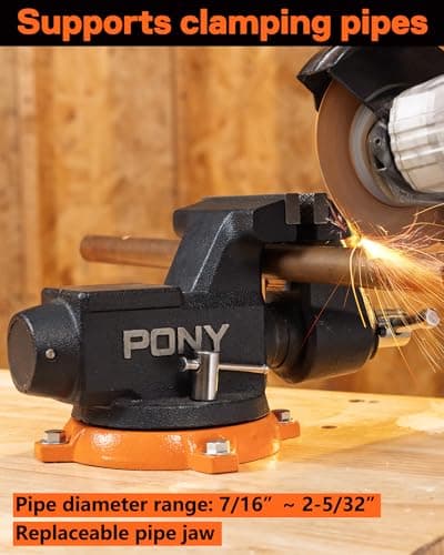 PONY 4 Inch Heavy Duty Bench Vise 4400LBS Clamping Force, Pro Workshop Workbench Vise with 360-Degree Rotatable Base and Anvil, 4-Inch Jaw Opening and Width for Woodworking, Drilling, Pipe Cutting 7