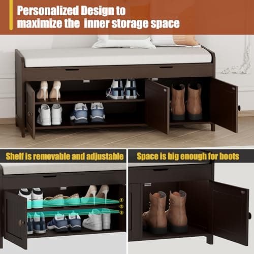 HOMEFORT 41.3" Shoe Bench with Lift Top Storage, Entryway Bench with Cushioned Seat, Wooden End of Bed Bench, Shoe Cabinet Bench with Hidden Storage Space, for Bedroom, Hallway,Espresso 6