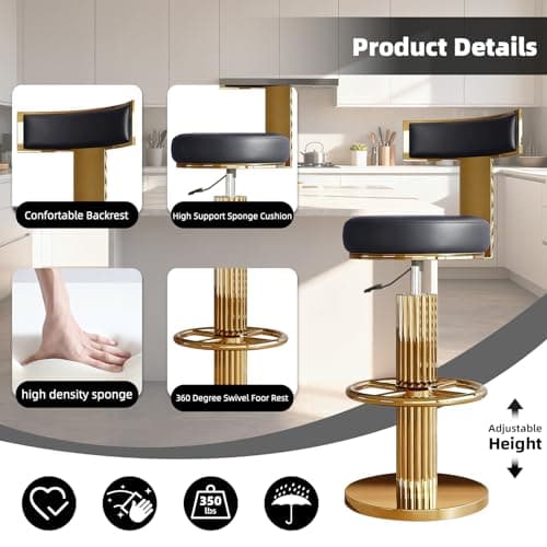 Bar Chair,Bar Stools, Island Height Bar Stools with Gold Stainless Steel Frame, Adjustable Height Swivel Barstools, Comfortable Leather Seat Cushion for Kitchen Counter, Islands Counter, Bars (Black) 8