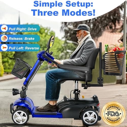 4 Wheel Mobility Scooters for Seniors, Folding Electric Powered Wheelchair, Compact Heavy Duty Mobile for Travel, Adults, Elderly, Long Range Power Extended Battery with Charger and Basket Blue 6