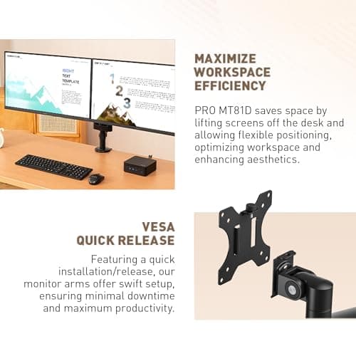 msi PRO MT81D - Premium Aluminum Dual Monitor Stand Arms, Supports 17-32" & 17.6 lbs per Screen, VESA Compatible, Adjustable Desk Mount, Clamp & Grommet Base, Quick Release Plate - Black 5