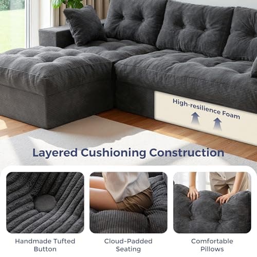 MAXYOYO L-Shaped Sectional Sofa with Convertible Left/Right Ottoman, Cloud Boneless Modular Couch, Layered Cushion & Tufted Upholstered, 4-in-1 Flexible Combination, No Assembly, Dark Grey 5