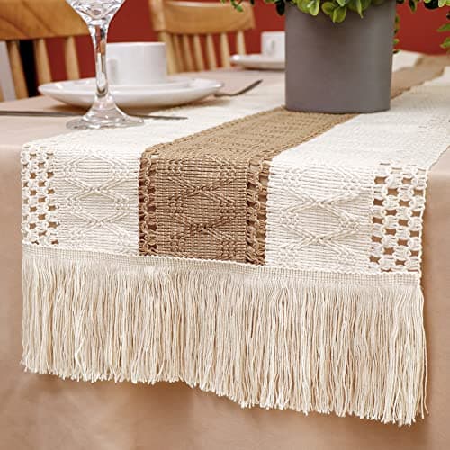 OurWarm Macrame Table Runner Farmhouse Style, Natural Burlap Boho Table Runner Modern Farmhouse Decor Rustic Woven Cotton Crochet Lace for Bohemian, Rustic,Bridal, Shower Wedding, Dinner, 72" x 12" 6