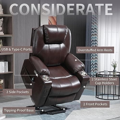 Dual Motor Power Lift Chair, Lay Flat Recliner Chair, Electric Recliner with Massage and Heat for Elderly, Remote Control, Infinite Position, Standing Assistance, USB Ports (Brown, PU Leather) 7