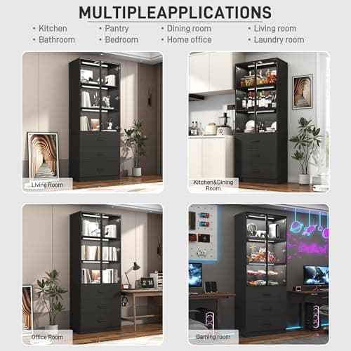 chartustriable 79" Tall Display Cabinet with LED Sensor Light & Pop-up Glass Doors & Drawers, Modern Bookcase Curio Storage Cabinet for Bedroom, Living Room, Office, Black 7